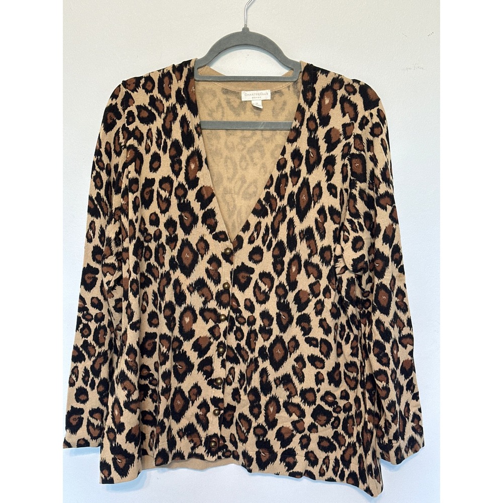 Charter Club Woman Leopard Print Cardigan Sweater V-Neck Button Front 1X Brown